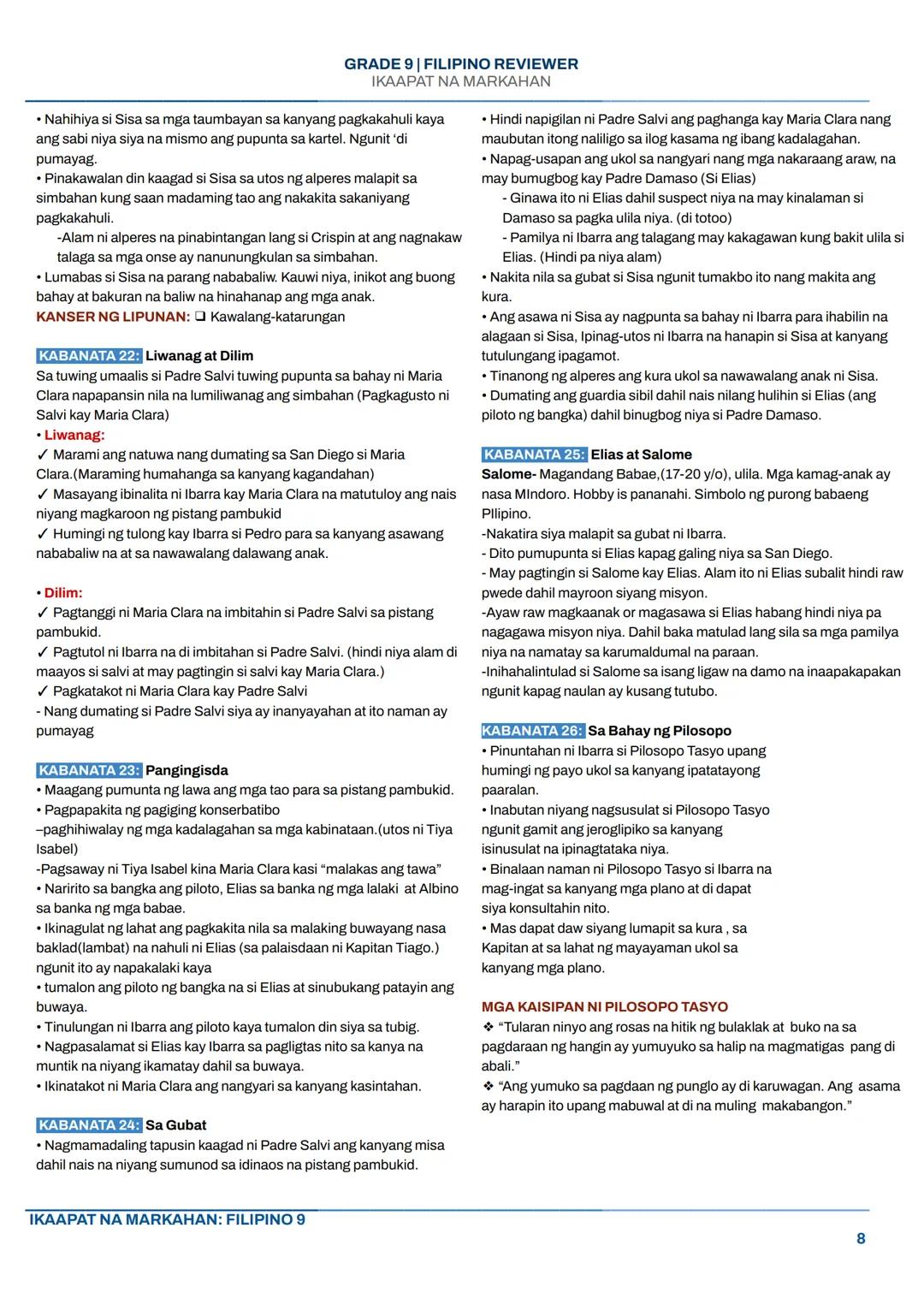 GRADE 9 | FILIPINO REVIEWER
IKAAPAT NA MARKAHAN
NOLI ME TANGERE
I. KASAYSAYAN
Ang Noli Me Tángere ay isang nobelang isinulat ni Dr. Jose Riz