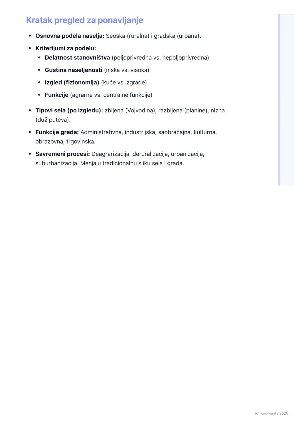 # Vrste naselja
Uvod u vrste naselja
Naselja su mesta gde ljudi žive i rade. To su osnovni oblici ljudskog
naseljavanja. Ne izgledaju sva