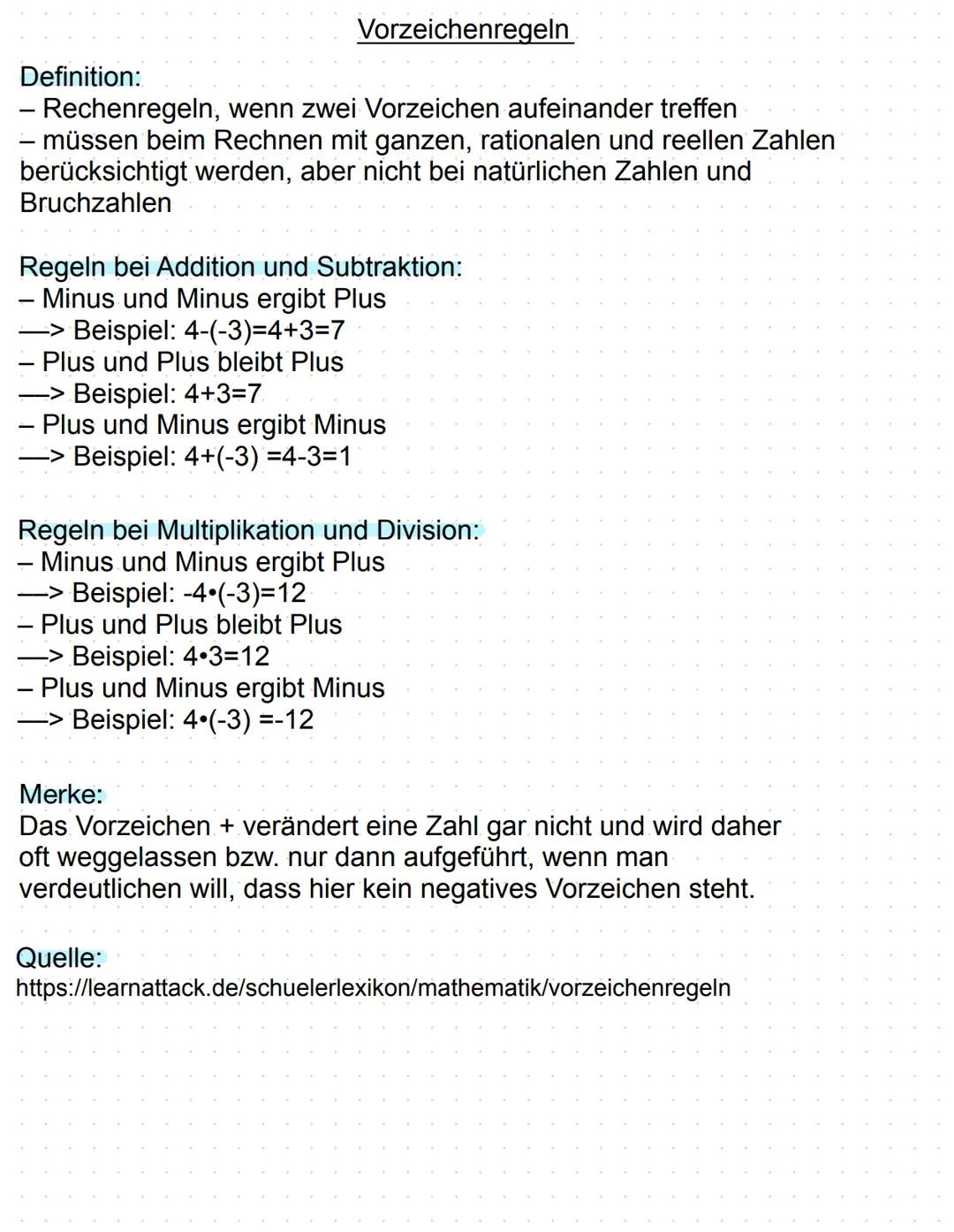 # Vorzeichenregeln
Definition:
- Rechenregeln, wenn zwei Vorzeichen aufeinander treffen
- müssen beim Rechnen mit ganzen, rationalen und re