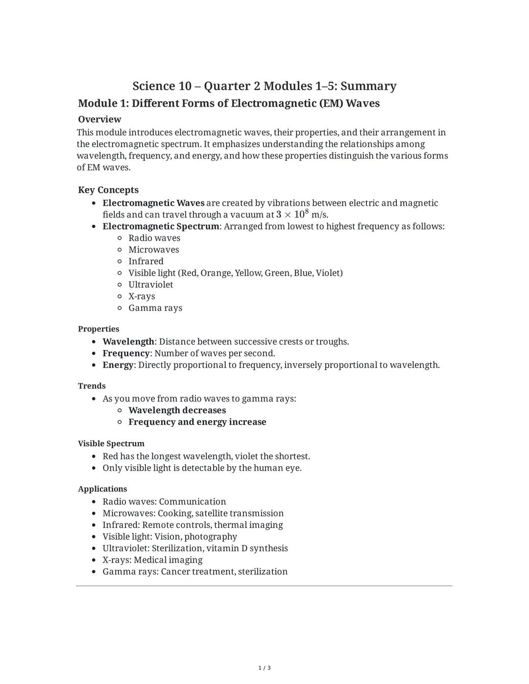 Science 10 - Quarter 2 Modules 1-5: Summary
Module 1: Different Forms of Electromagnetic (EM) Waves
Overview
This module introduces electrom