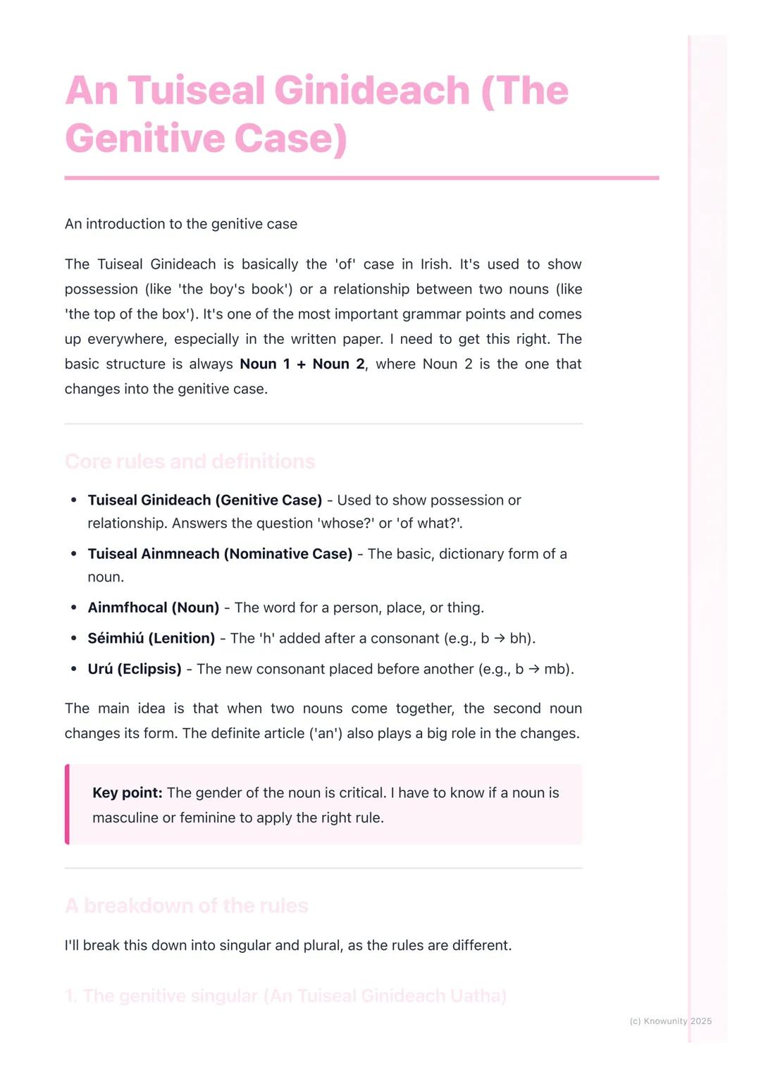 # An Tuiseal Ginideach (The
Genitive Case)
An introduction to the genitive case
The Tuiseal Ginideach is basically the 'of' case in Irish.