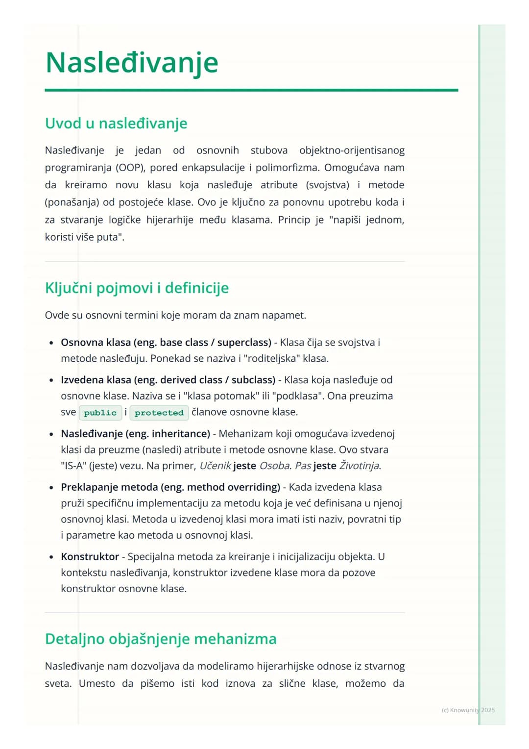 # Nasleđivanje
Uvod u nasleđivanje
Nasleđivanje je jedan od osnovnih stubova objektno-orijentisanog
programiranja (OOP), pored enkapsulaci