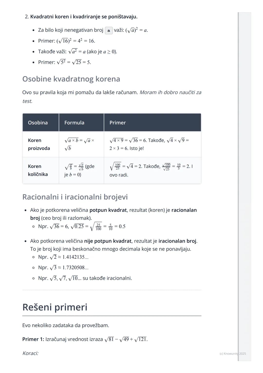 # Pojam i osobine kvadratnog
korena
Uvod u kvadratni koren
Kvadratni koren je matematička operacija suprotna (inverzna) operaciji
kvadrira