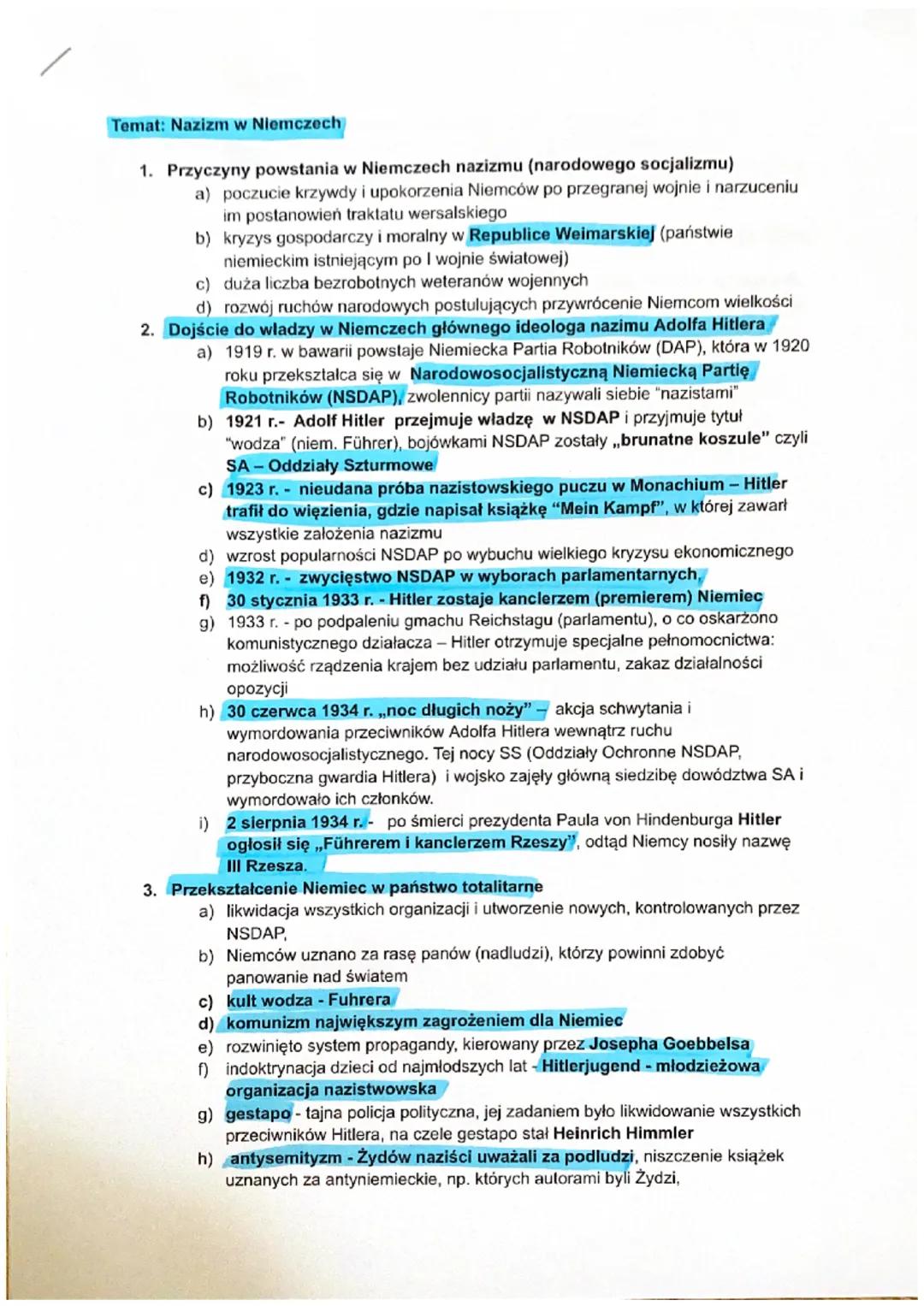 # Temat: Nazizm w Niemczech
1. Przyczyny powstania w Niemczech nazizmu (narodowego socjalizmu)
a) poczucie krzywdy i upokorzenia Niemców