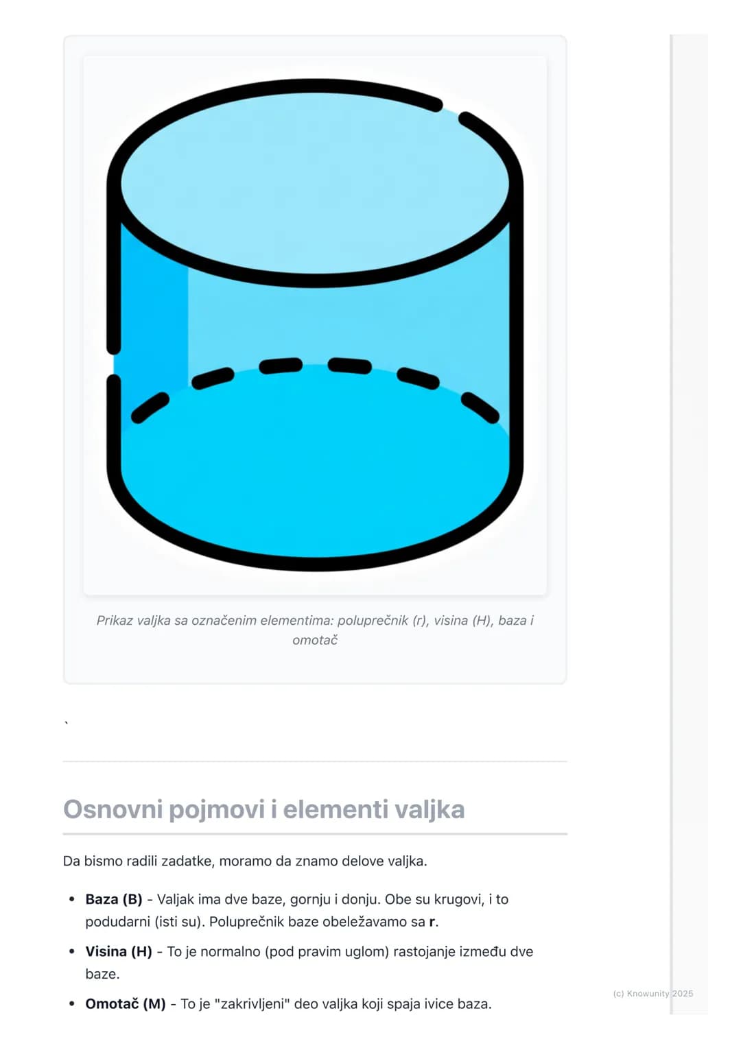 # Valjak
Uvod u valjak
Valjak je geometrijsko telo, spada u obrtna tela. Nastaje rotacijom
pravougaonika oko jedne njegove stranice. U sva