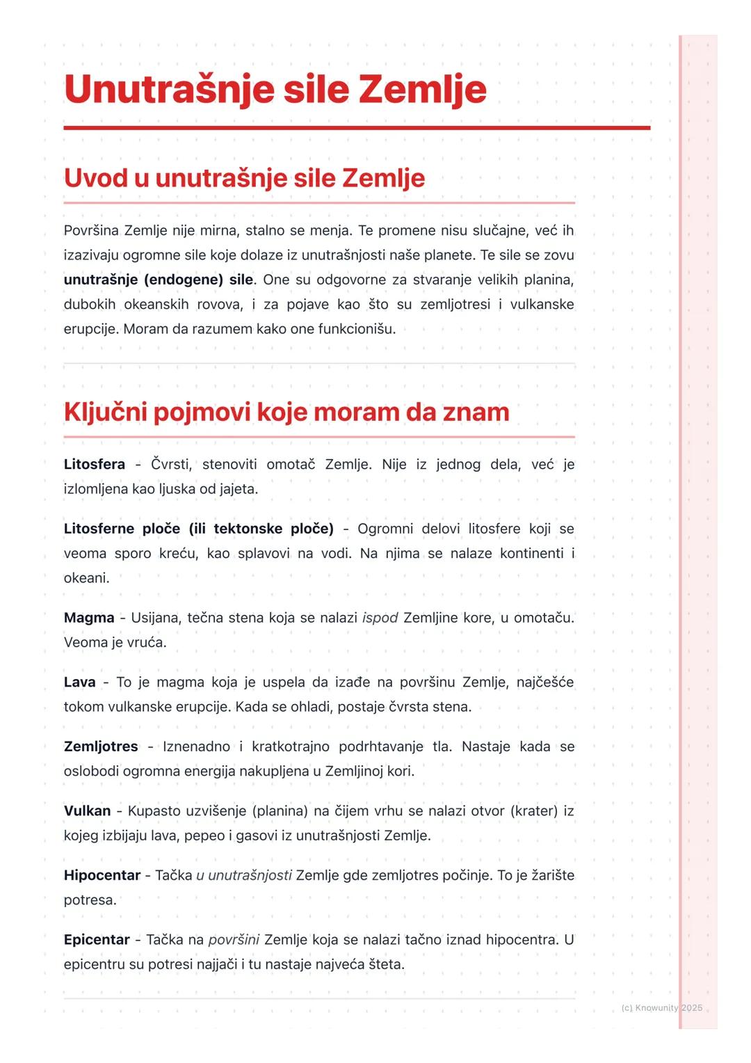 # Unutrašnje sile Zemlje
## Uvod u unutrašnje sile Zemlje
Površina Zemlje nije mirna, stalno se menja. Te promene nisu slučajne, već ih
iz