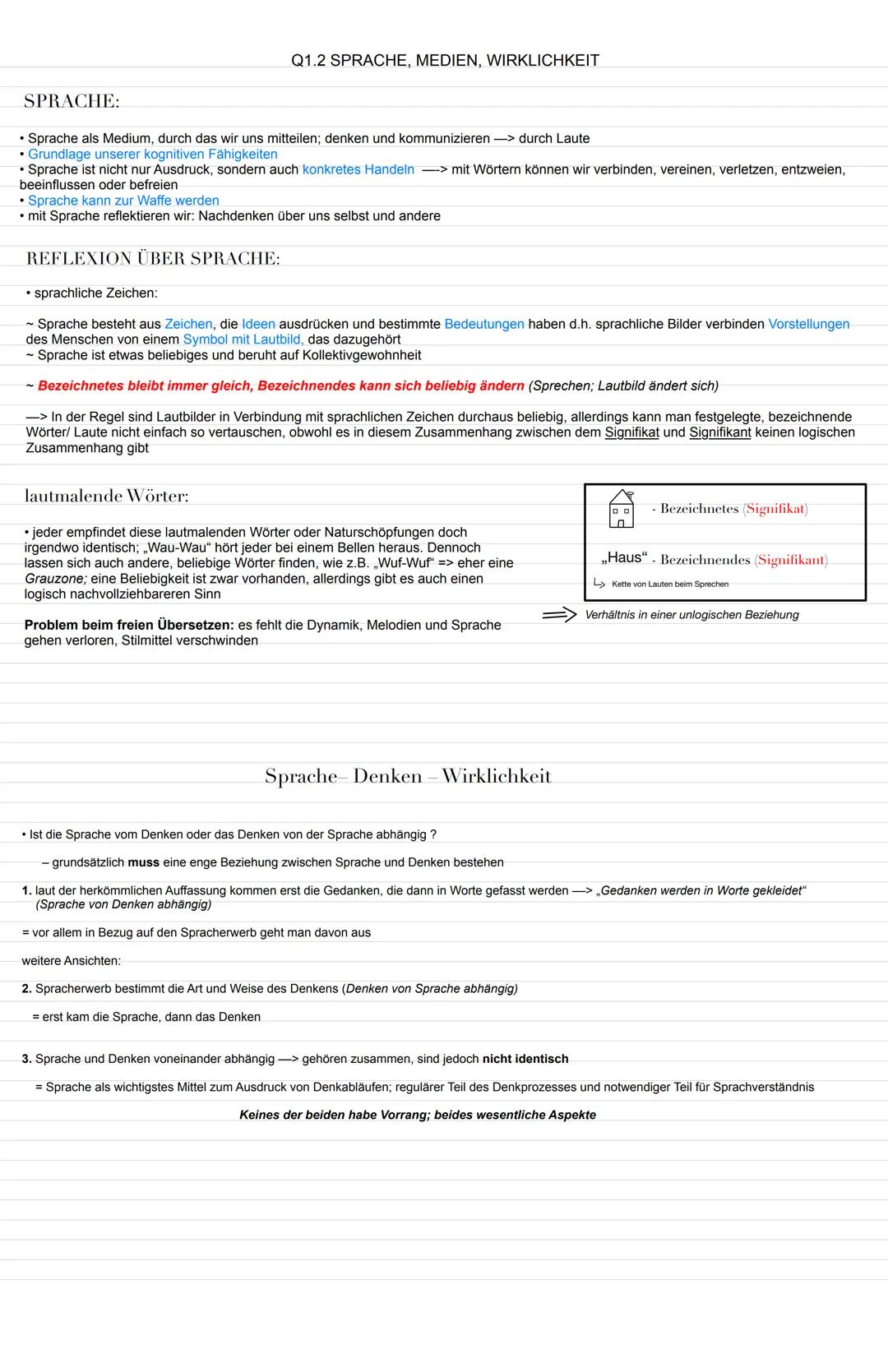 Q1.2 SPRACHE, MEDIEN, WIRKLICHKEIT
SPRACHE:
• Sprache als Medium, durch das wir uns mitteilen; denken und kommunizieren -> durch Laute
• G