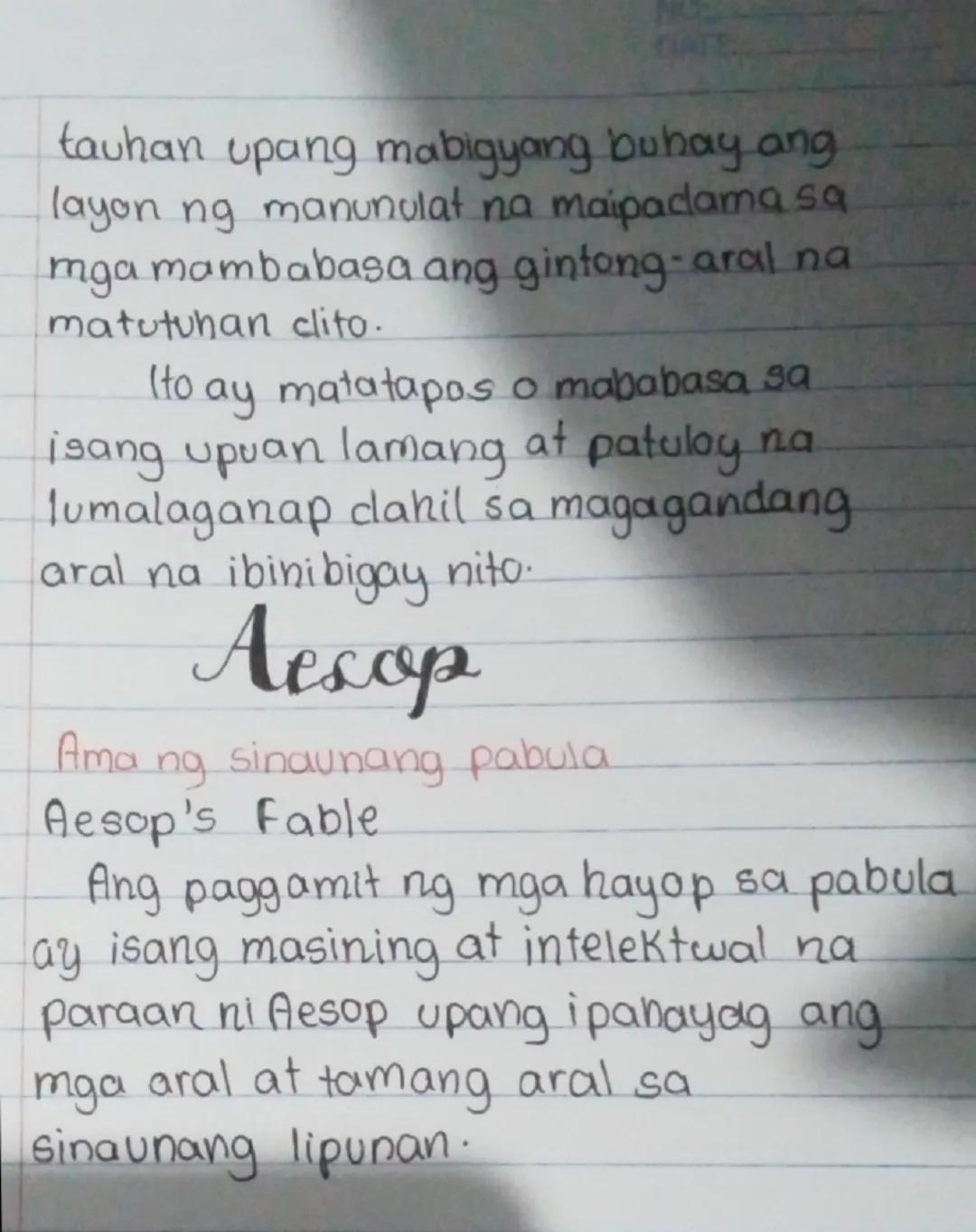 Lecture #4
Pabula
Ang pabula ay isang maikling
Kuwentong kathang isip lamang.
Karaniwang isinasalaysay sa mga
Kabataan para aliwin gayundi