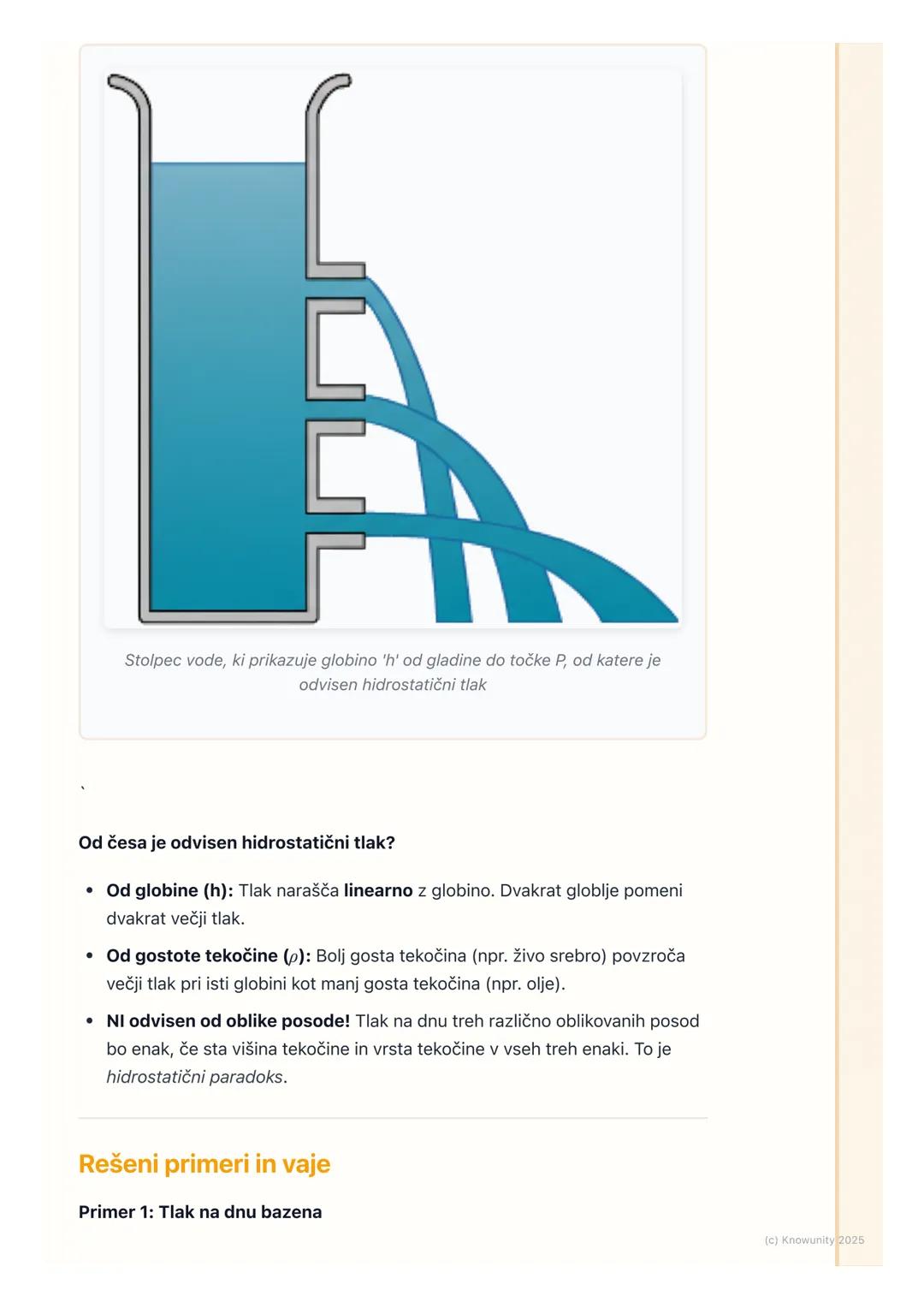 # Tlak v tekočinah
Uvod in osnove
Tlak v tekočinah je sila, s katero tekočina pritiska na ploskev. To se zgodi zaradi
teže tekočine. Preds