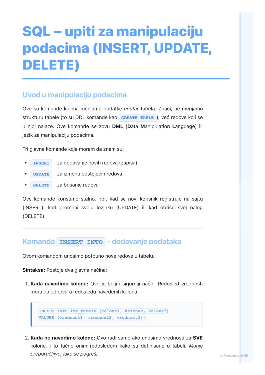 # SQL - upiti za manipulaciju
podacima (INSERT, UPDATE,
DELETE)
Uvod u manipulaciju podacima
Ovo su komande kojima menjamo podatke unutar