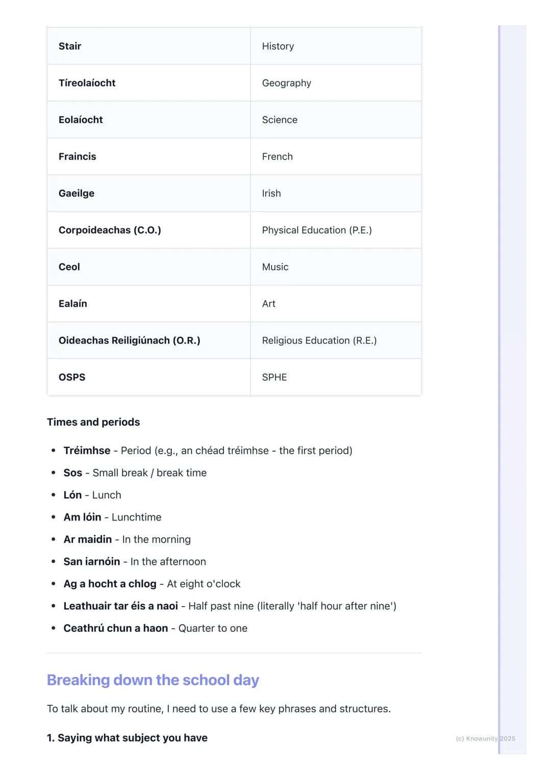 # Amchlár agus Gnáthamh
Scoile (School Timetable and
Routine)
Talking about my school routine
This topic is all about describing my school