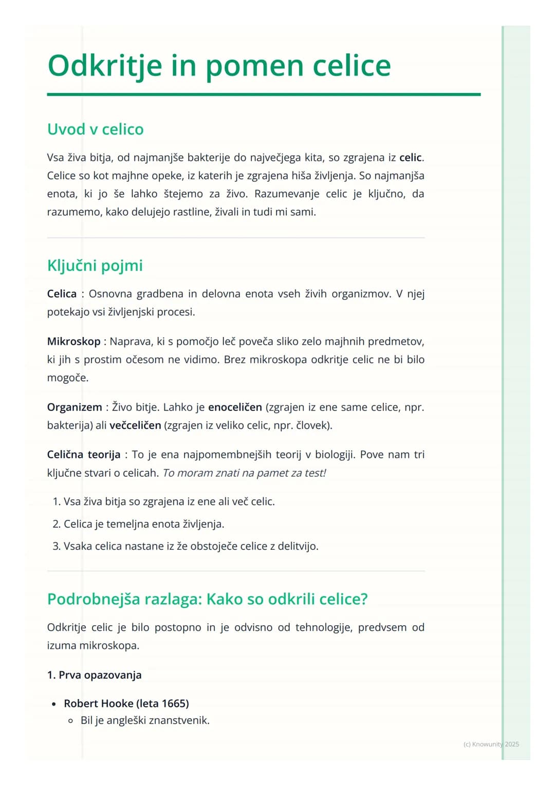 # Odkritje in pomen celice
Uvod v celico
Vsa živa bitja, od najmanjše bakterije do največjega kita, so zgrajena iz celic.
Celice so kot ma