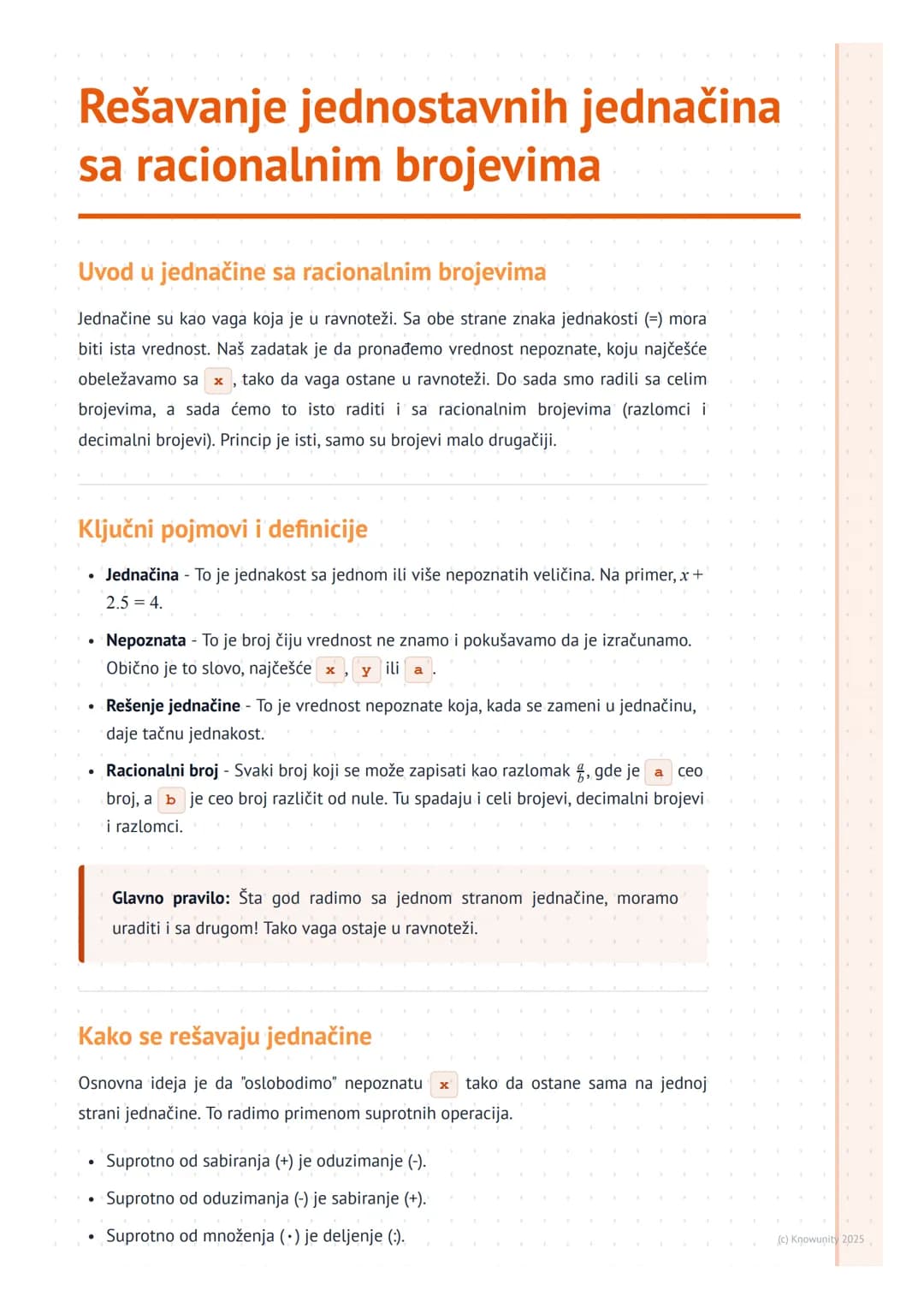 # Rešavanje jednostavnih jednačina
sa racionalnim brojevima
Uvod u jednačine sa racionalnim brojevima
Jednačine su kao vaga koja je u ravn