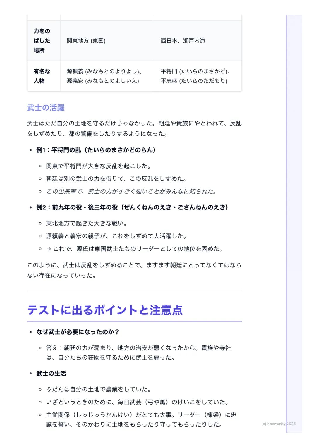 # 武士の登場
武士のおこり
平安時代の途中から、貴族の世の中に変化が起きて、武士という新しい力を持つ
人たちが現れた。どうして武士が生まれて、どうやって力をつけていったのか
をまとめる。これが後の鎌倉時代につながるから、すごく大事なところ。
大事な言葉
武士(ぶし) も