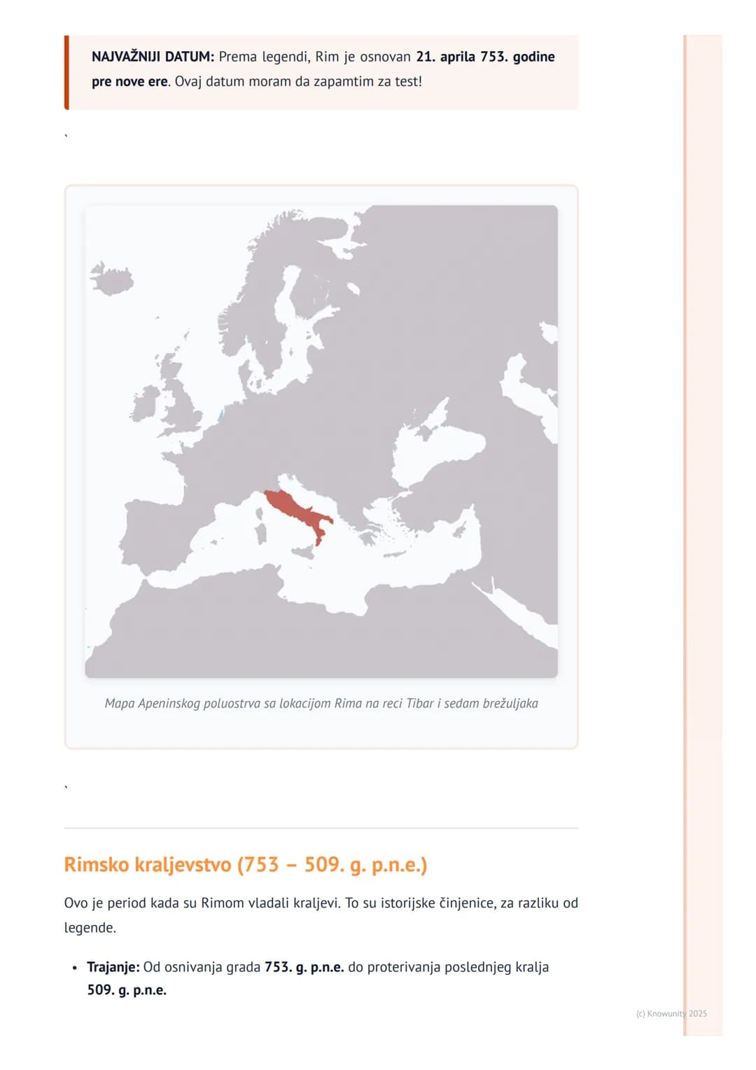 # Osnivanje Rima i Rimsko
kraljevstvo
Uvod u nastanak Rima
Rim je nastao na Apeninskom poluostrvu (danas Italija). Osnovan je na reci Tiba