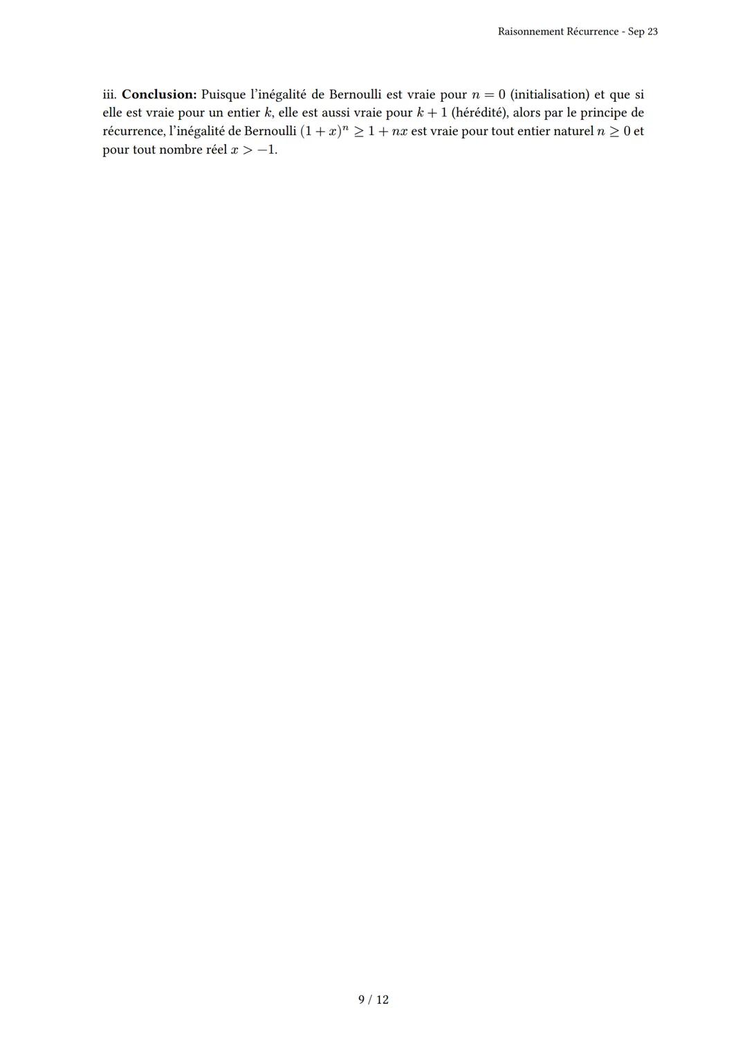 # Raisonnement Récurrence
Généré par Knowunity.fr - Sep 23
Description: Cet examen couvre le principe de récurrence, l'initialisation et l